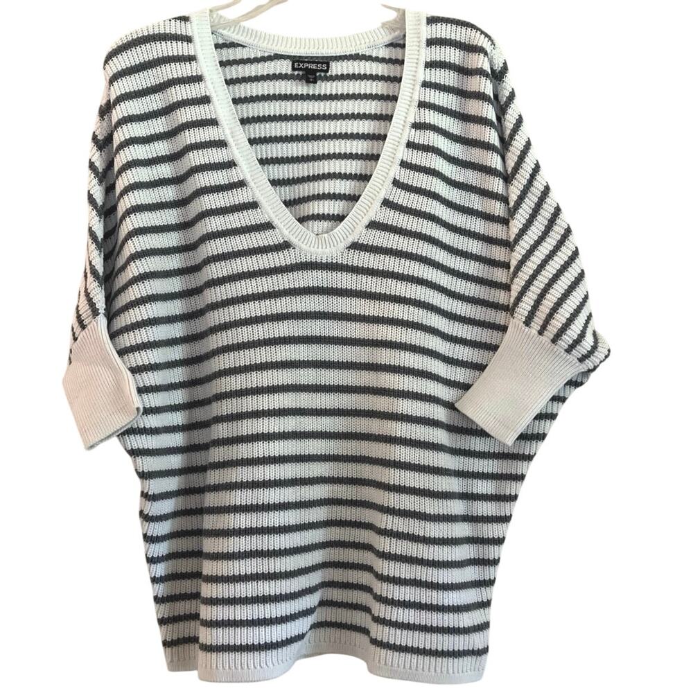 Express Striped Sweater Womens Size S Ivory Gray Vneck Preppy Casual Office